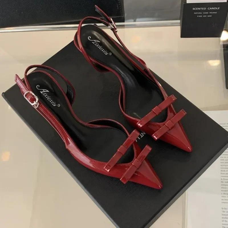 

Fashion Summer High Heels Women Sexy Hollow Black Pointed One-line Buckle Skinny Heel Sandals Mule Ladies Banquet Dress Shoes Sandalias 39 красный