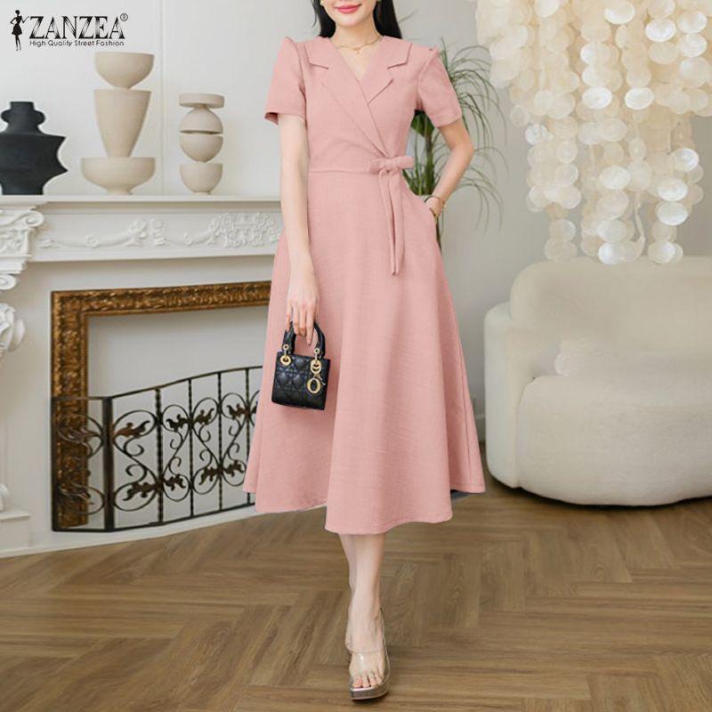 ZANZEA Women Casual V-neck Elegant Summer Short Sleeve Dress