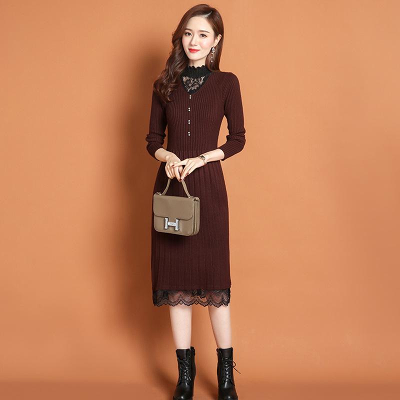 Lace Half Turtleneck Knitted Dress for Women Long-sleeved Solid-color Sweater Dress for Autumn and Winter Casual