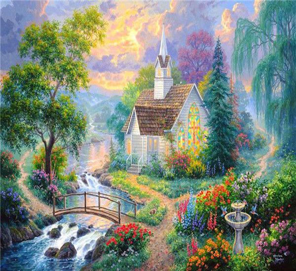 RUOPOTY Oil Painting By Numbers Lake Landscape Handpainted Unique Gift Pictures By Numbers Pavilion Spring For Adults Home Decor