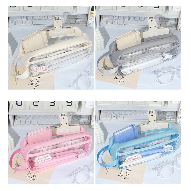Portable Double-Layer Transparent Pen Bag Box Aesthetic Pencil Pouch Utilities