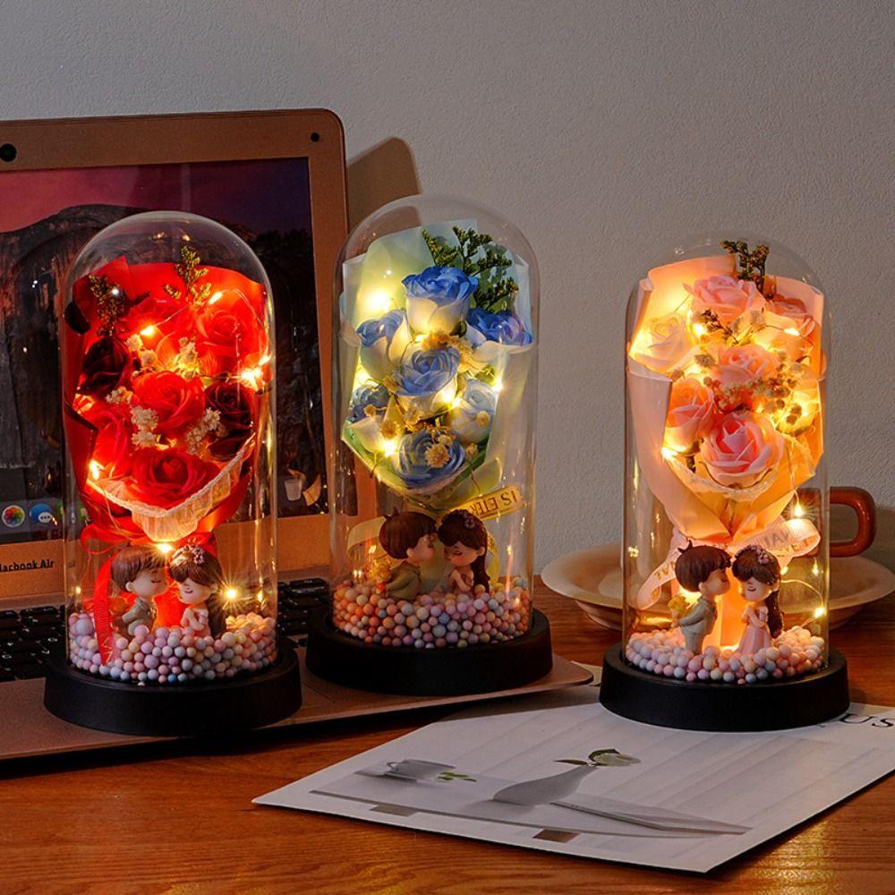 Colorful Eternal Rose Flower Lover Figurines Transparent Cover Rose Bouquet Ornament Living Room Decor Real Touch Flower