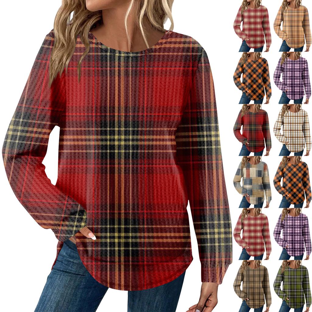 Women's Plaid Print Round Neck Long Sleeve Casual Loose Top