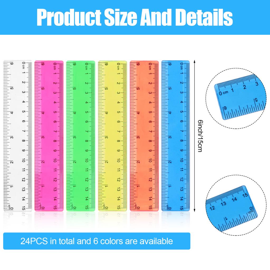 24Pcs Colorful Ruler Clear Plastic Rulers Clear Assorted Kids Measuring Straight Ruler With Inches Centimeters Millimeter Bulk B