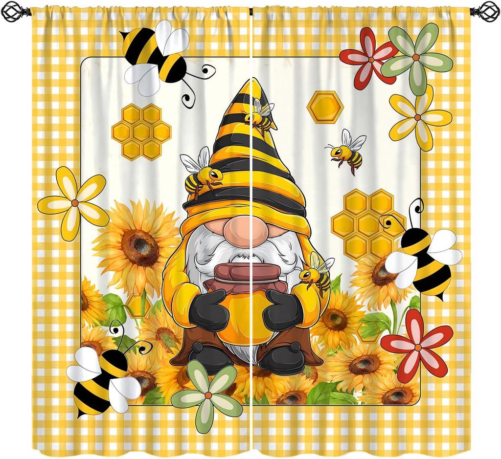 Rustic Honey Bee Curtains Honeycomb Daisy Floral Window Treatments Insulated Drapes Panel Sets Curtain With Rod Pocket Thermal Polyester