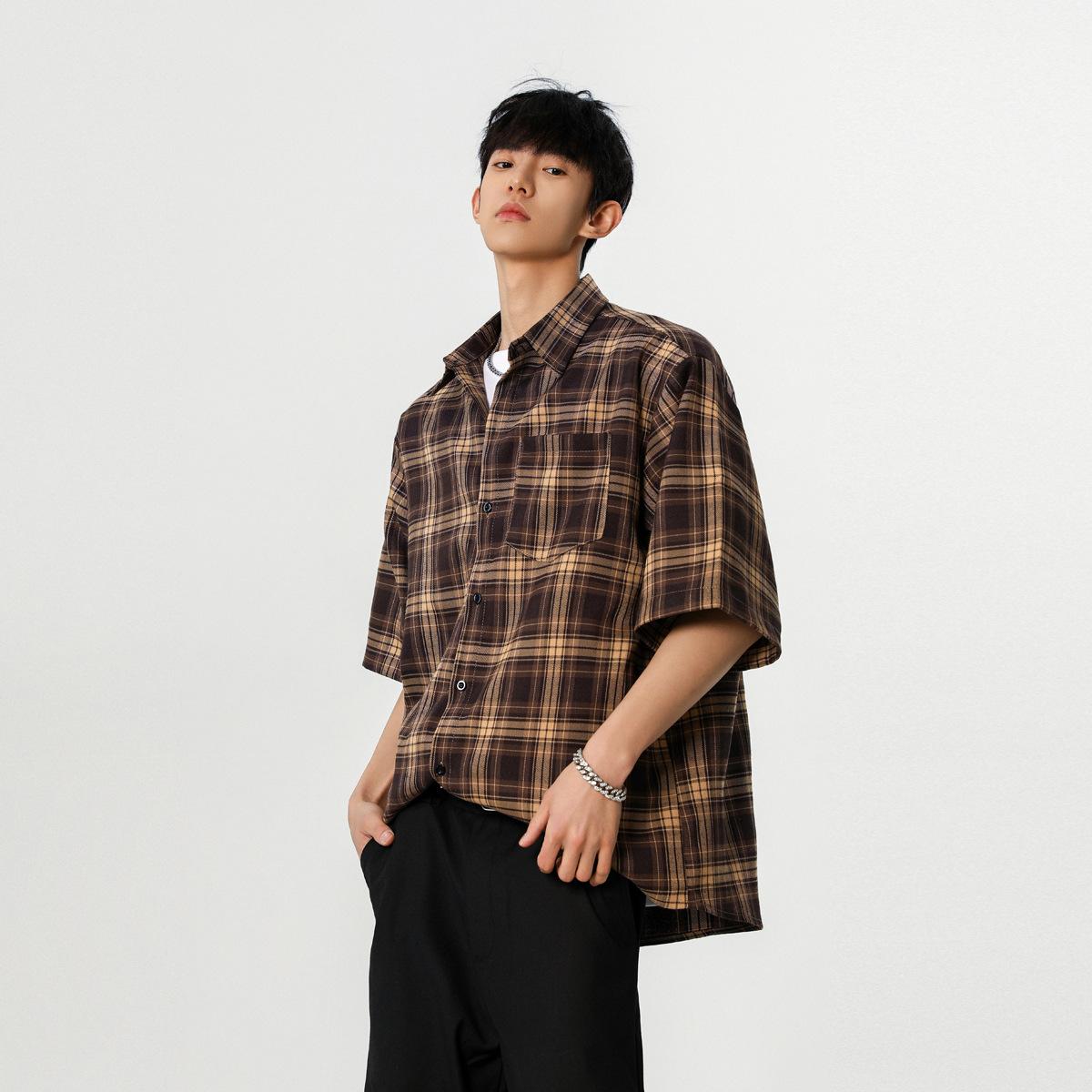 Men Casual Loose Plaid Short Sleeve Fashion Daily Shirt Top M