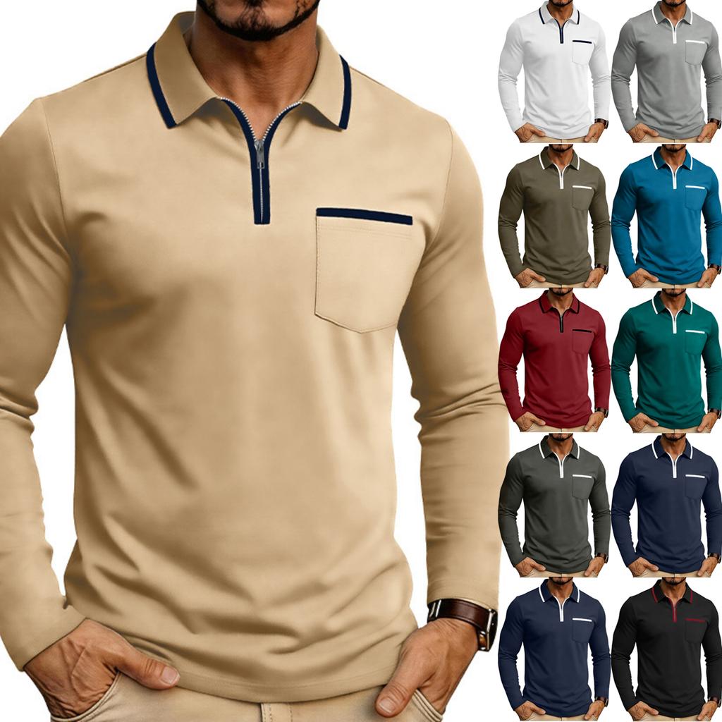 Men Long Sleeve Polo Shirt Zipper Collar Casual Slim Fit Top with Patch Pocket and Contrast Trim for Daily Wear