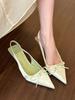 Green wonderland! Satin pointed head bow high heels women's spring light mouth empty sandals