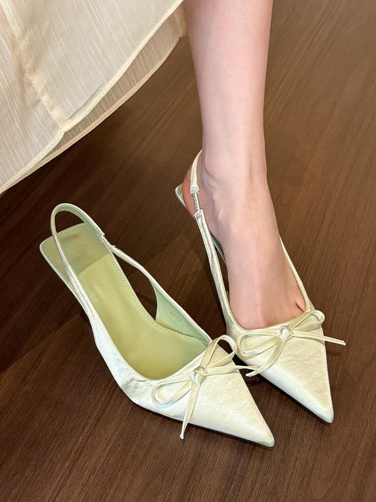 Green wonderland! Satin pointed head bow high heels women's spring light mouth empty sandals