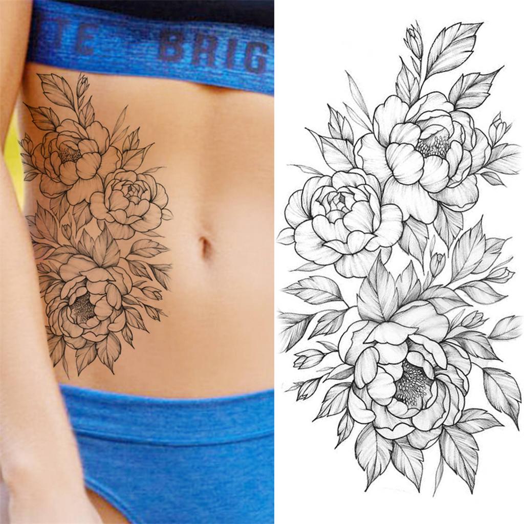 1 Sheet Black Flower Temporary Tattoos For Women Girls Realistic Fake Flora Floral Peony Tattoo Sticker Body Art Painting Decal