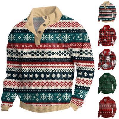 Men's Christmas Cotton Pullover Long Sleeve Outdoor Shirt Vintage Corduroy Button Stand Collar Shirt Casual Sweatshirt Christmas Print Top