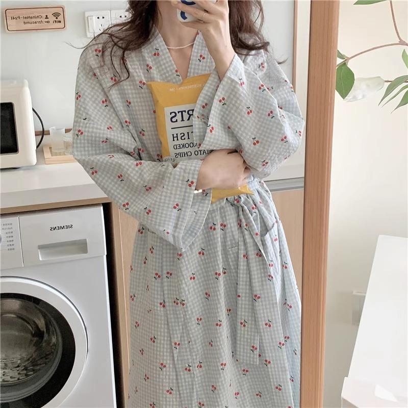 Bathrobe Women's Bathing Plaid Loose Long Sleeve Long Kimono V-neck Lace Up Trousers Nightgown Sexy Robe
