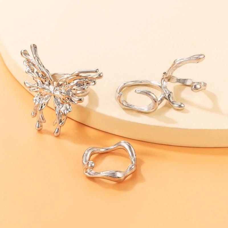 Fashion Niche Geometric Butterfly Ring Set for Women Irregular Wave Metal Finger Decoration for Girls High-end Jewelry Gifts