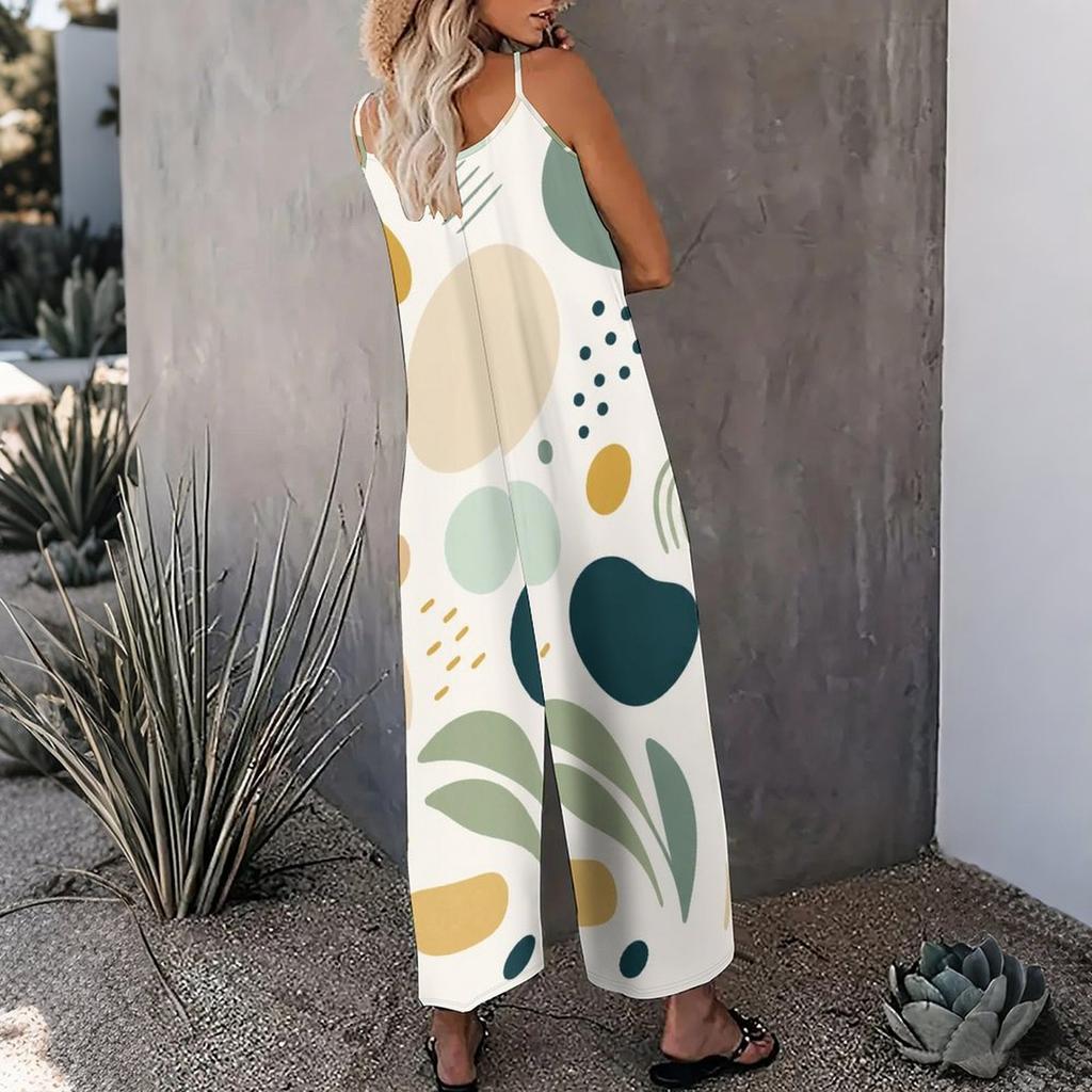 Women Spaghetti Strap Jumpsuit Cartoon Night Moon Cloud Star Print Wide Leg Pants With Pockets