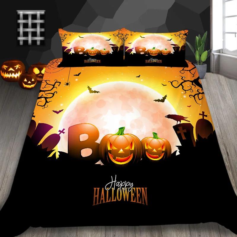 Halloween Pumpkin King Queen Duvet Cover Cartoon Black Cat Bedding Set Kids Girls Orange Pumpkin Lantern Polyester Quilt Cover