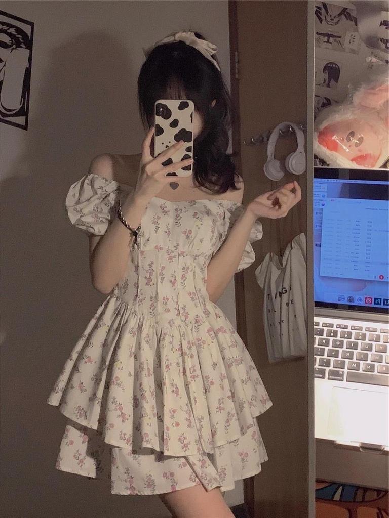 2026 Summer Women's Floral Retro Puff Sleeve Tea Dress - Spicy Girl Style, Pure Desire Waist-Cinching Skirt