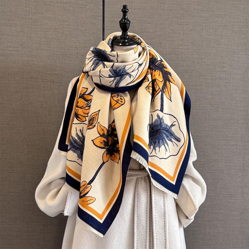 New Autumn Winter Women Cashmere Scarf Thick Warm Shawl Lotus Flower Print Fashionable And Versatile Elegant Scarves