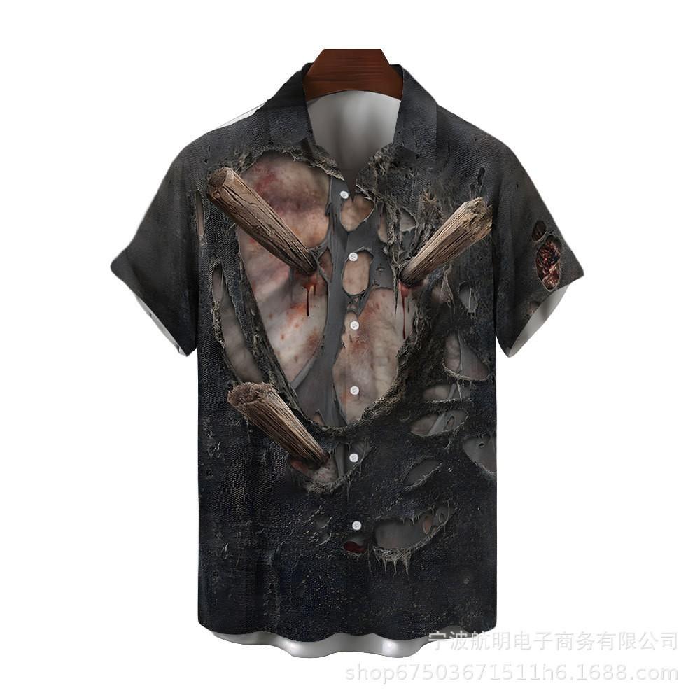 Men Gothic Skull Themed Short Sleeve Casual Shirts