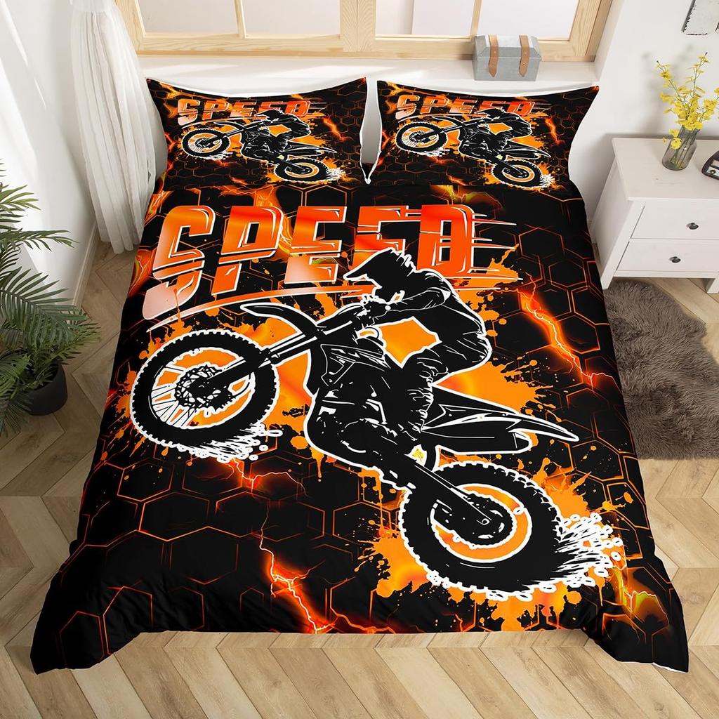 Motorcycle Duvet Cover Set for Boys Men Queen King Size Lightweight Down Room Decor 2 Pillowcases and 1 Duvet Cover No Comforter