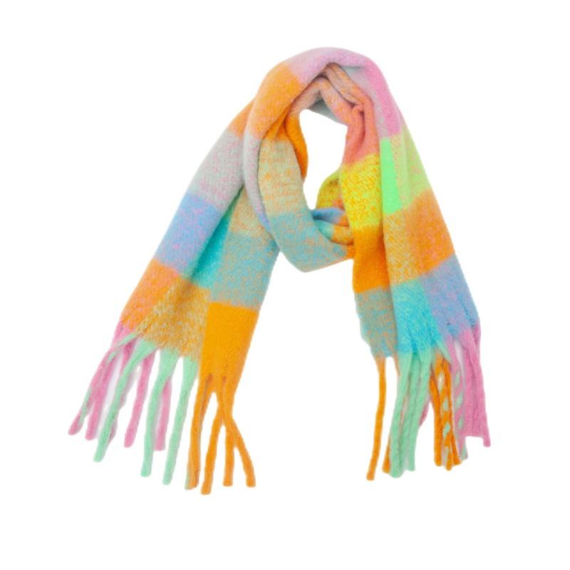 Winter Yarn Thicken Style Luxury Multicolour Plaid Faux Mohair Scarf Women Tassel Long Ring