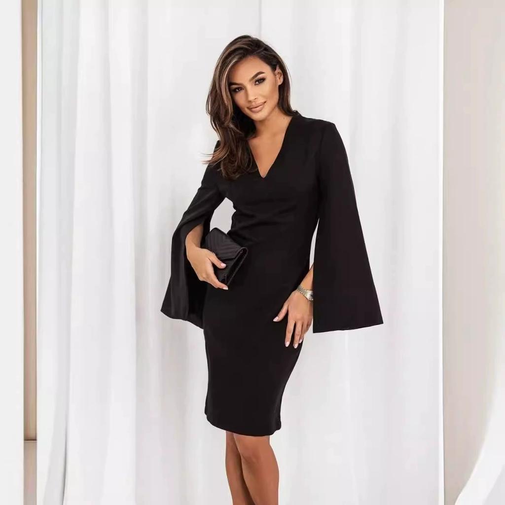 Women's Summer Midi Dress V Neck Long Slit Horn Sleeves Solid Color Business Formal Party Dress
