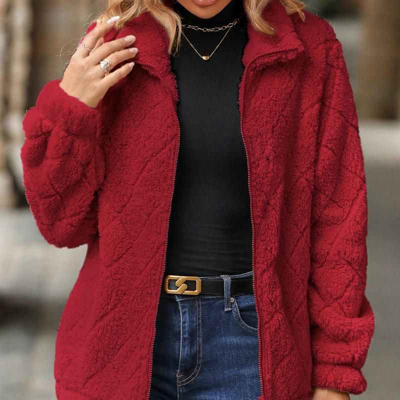 Women's Clothing, Autumn and Winter New Styles, Long Sleeved, Cardigan, Zipper, Diamond Shaped, Plush Jacket, Winter Thick Jacket, Plush Jacket