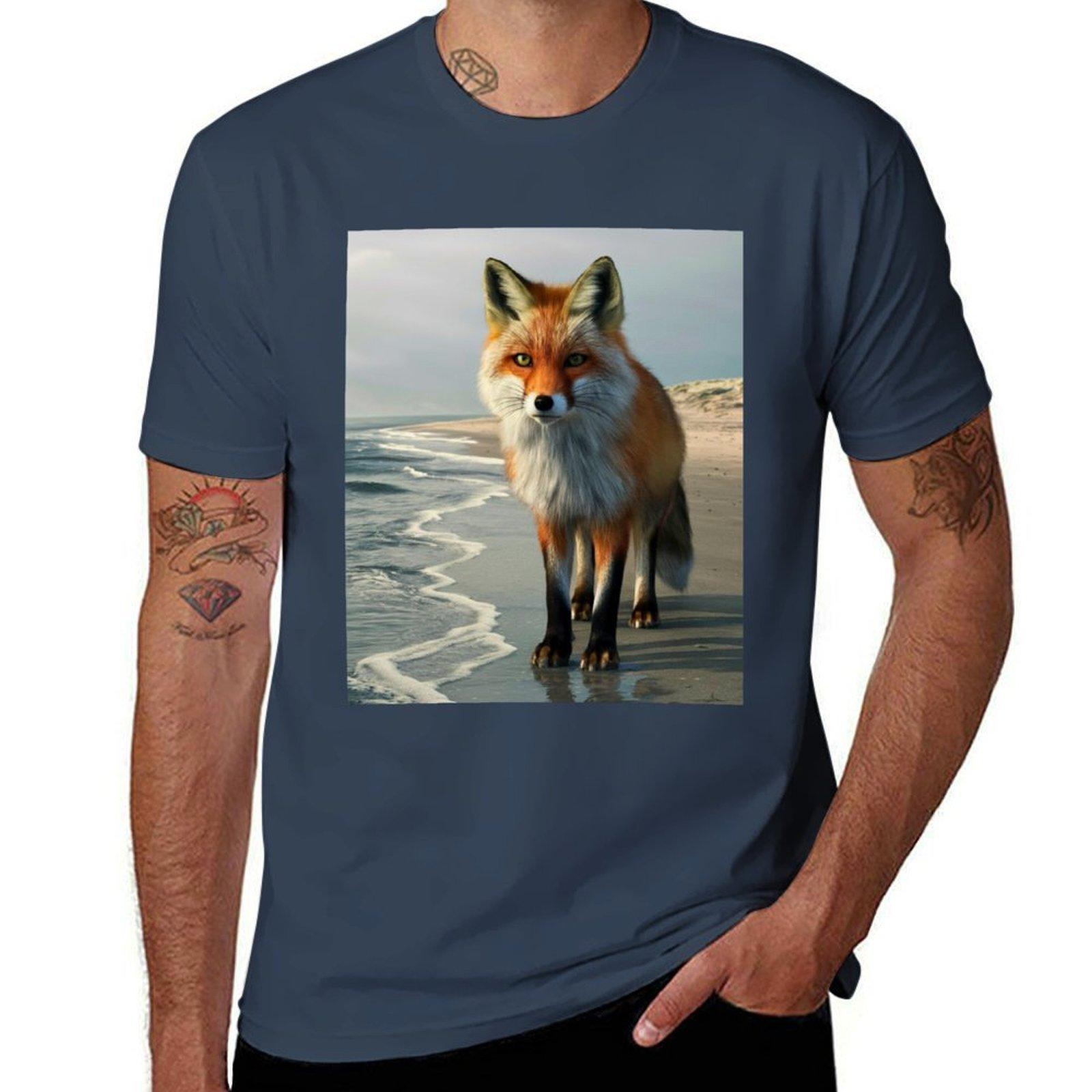 Fox Portrait Beach View Tshirt Work Wear Lightweight Tee S