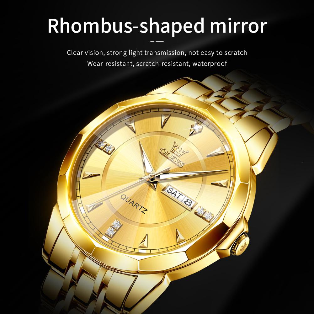 OLEVS Fashion Classic Dual Calendar Quartz Watch For Men Rhombus Mirror Luxury Wristwatch Waterproof Original Man Watches
