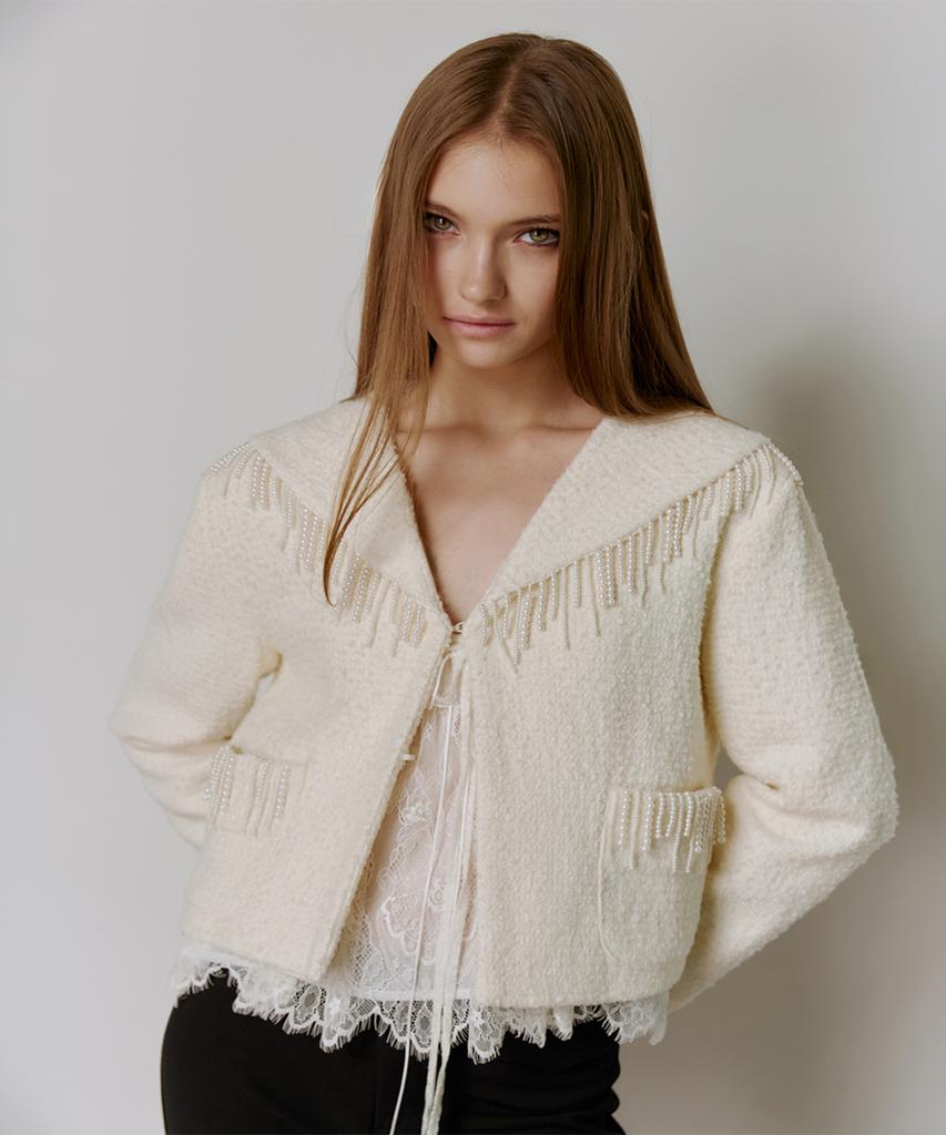 GANISONG Pearl Drop Tweed Jacket_Ivory