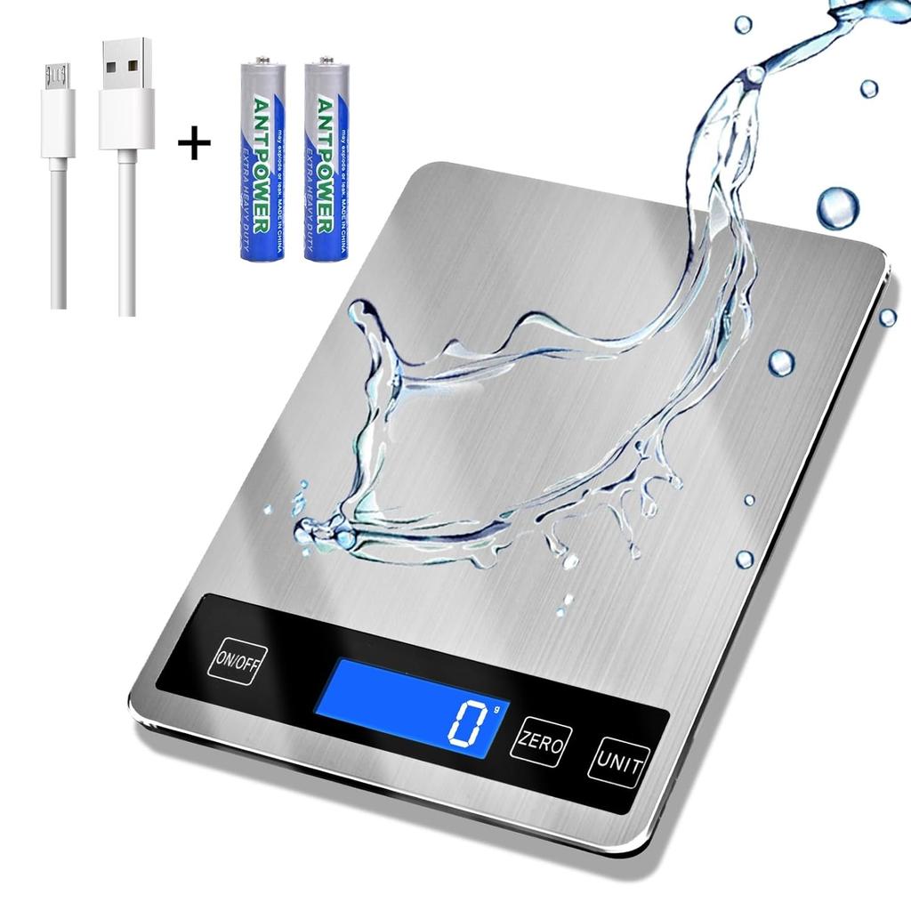 33lb Food Scale, Digital Kitchen Scale Batteries and USB Charging,1g/0.05oz Precise Graduation, Waterproof Stainless Steel with LCD Display Weight