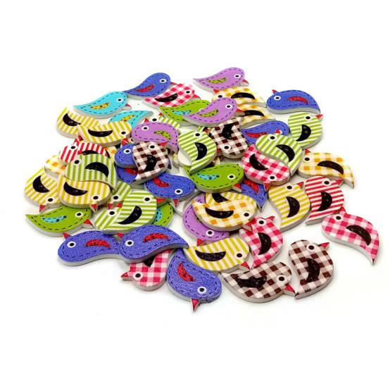 100 pezzi di uccelli in legno, colori casuali, misti, carini, decorativi, da cucire, 2 fori, bottoni