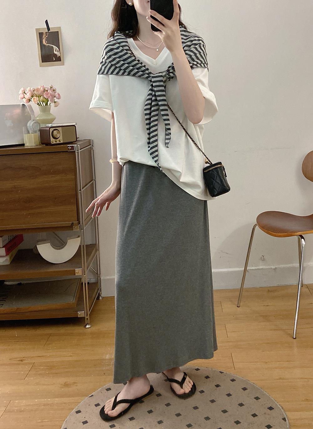 

Women s Plus Size Striped Shawl Three-Piece Set: Casual Short-Sleeved T-Shirt & Skirt for Summer 4XL