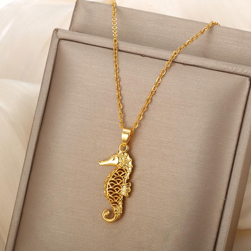 Luxury Pure Gold Real Gold Hollow Seahorse Pendant Necklace