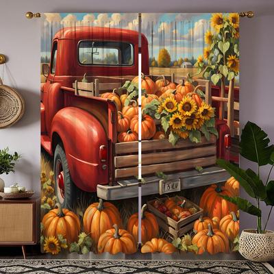 2pcs Set HD Harvest Festival Field Sunflower Pumpkin Bus Curtain Yellow Tie Digital Printed Curtain Home Decor Style Decorate