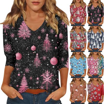 Women's Casual Fashionable Sexy Comfortable V-Neck Christmas Three-Quarter Sleeve Top