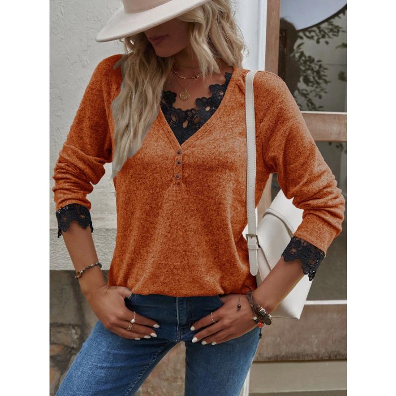 

Осень-зима женская одежда с длинным рукавом кружевная пэчворк V-образный вырез пуговицы трикотажная футболка 5XL