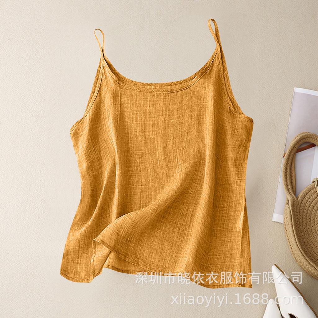 Women Vintage Linen Cami Tank Top Scoop Neck Thin Spaghetti Strap Loose Casual Camisole S-5XL Plus Size