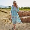 Summer Spring Floral Print Dress for Women Bohemia V-Neck A-Line High Waist Half Sleeve Mid-Calf Blue Pink Red Rose Sizes S M L XL