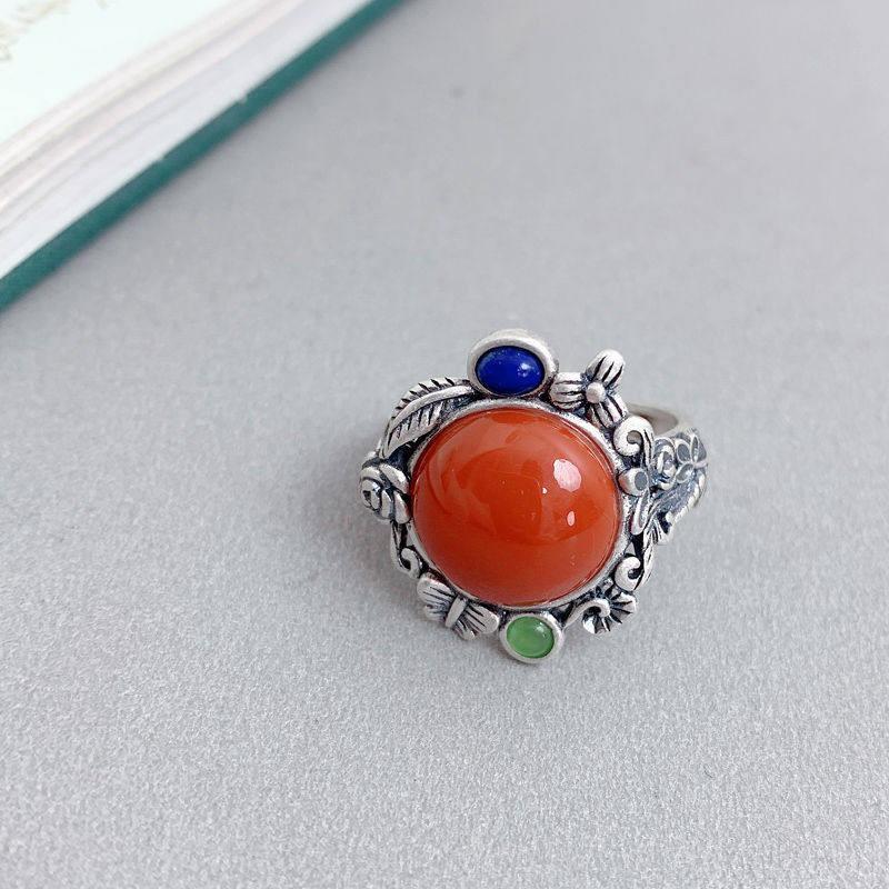 Adjustable Open Ring Women Men Vintage Butterfly Floral Design Copper Jewelry With Enamel Inlay