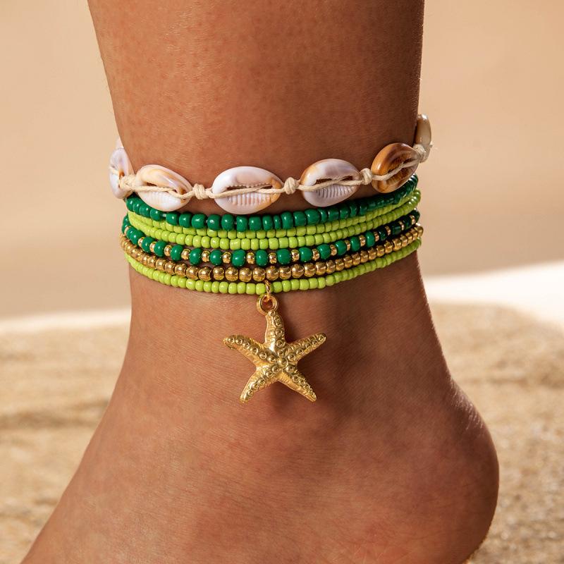 Bohemian holiday style acrylic shell woven anklet, beach style resin starfish anklet seven pieces