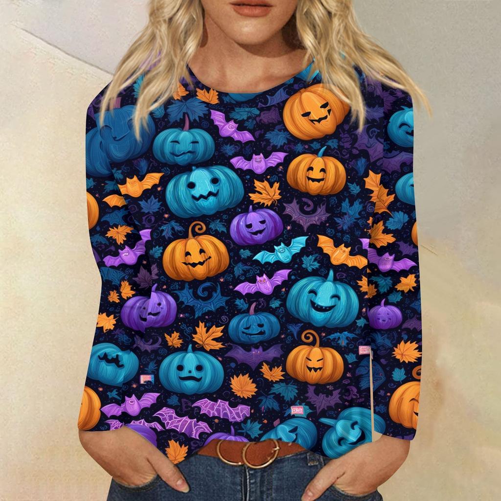 Modisches, lässiges Langarm-Oberteil mit Rundhalsausschnitt und Halloween-Print für Damen