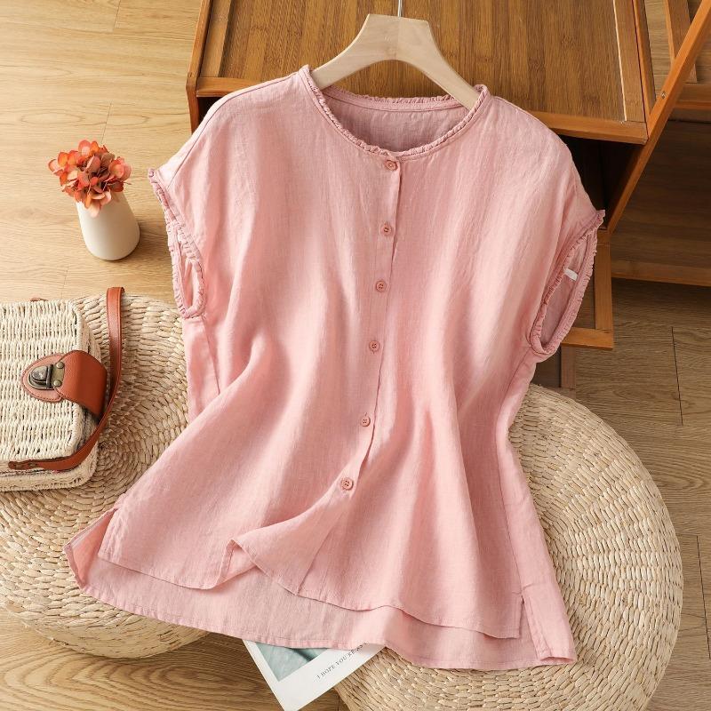Women Solid Color Ruffle Linen Cotton Shirt Casual Cap Sleeve Breathable Summer Blouse