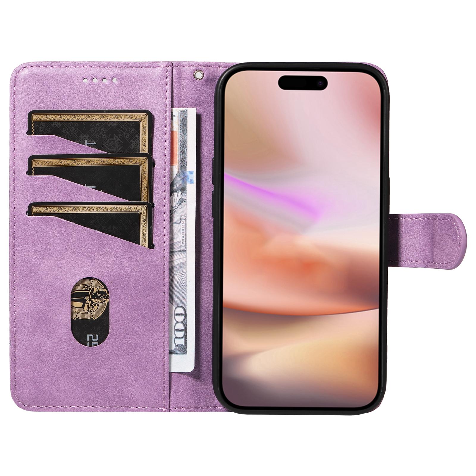 

For iPhone 16 Plus Leather Case T-Shaped Lines Flip Phone Cover Light Purple