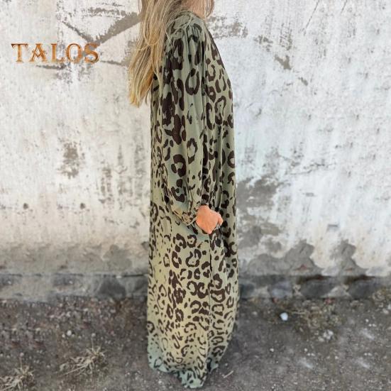 Women's Leopard Print Dress V-Neck Long Sleeve Maxi Dress Casual Loose Fit Spring Summer Dress for Office Daily Wear Vacation Party