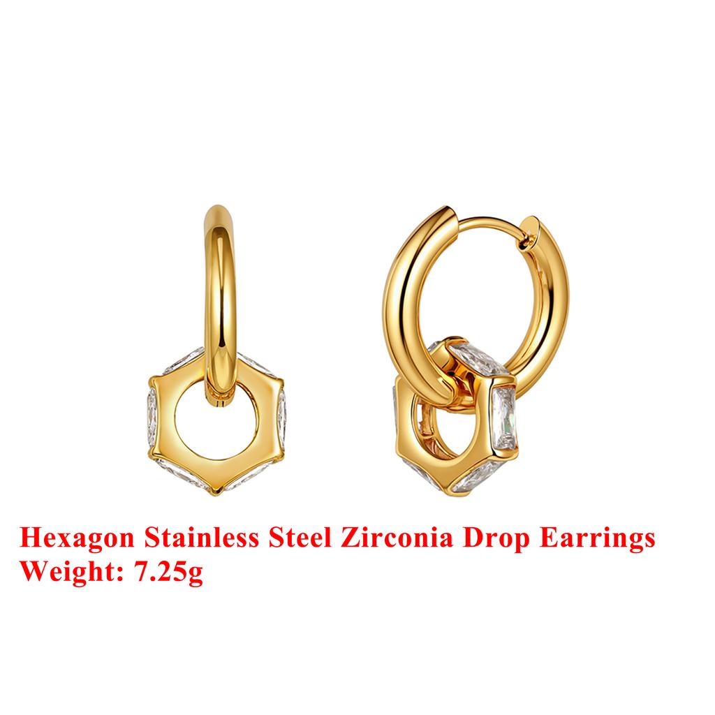 Effie Queen Edelstahl 18 Karat Gold Sechseck Stil Zirkonia Hängeohrringe Einfacher Schmuck für Damen Bankett Party Geburtstag STKE20