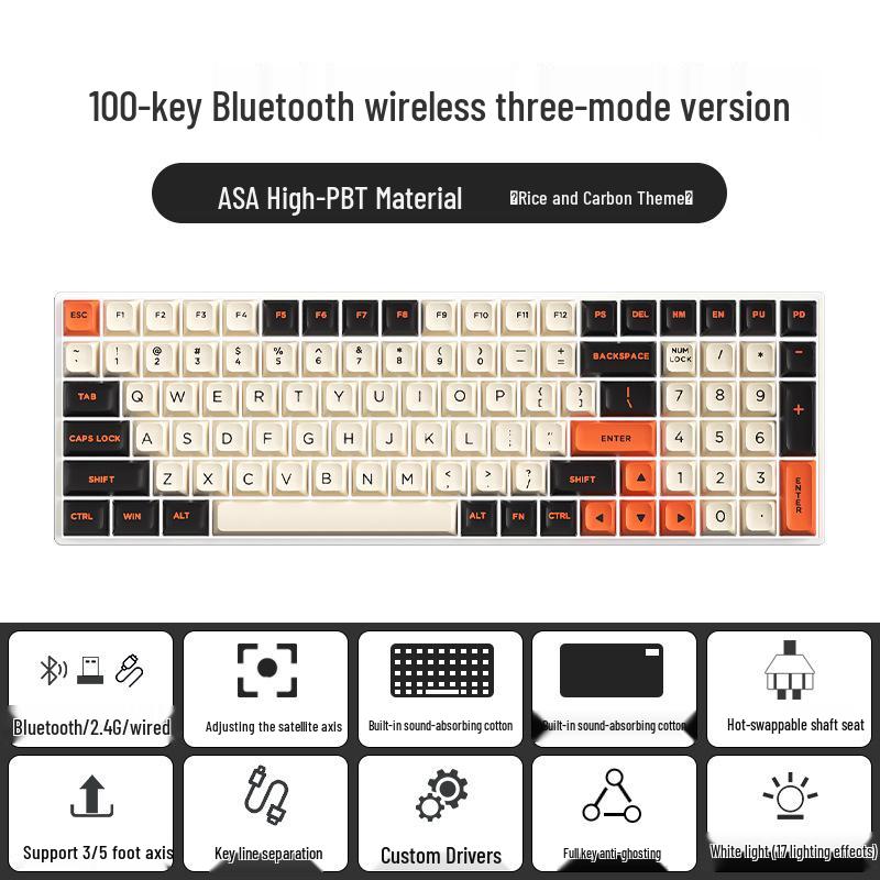 Wireless Bluetooth Mechanical Keyboard - 100-Key, Three-Mode, Compact Design, Office Customizable, Hot-Swappable Switches