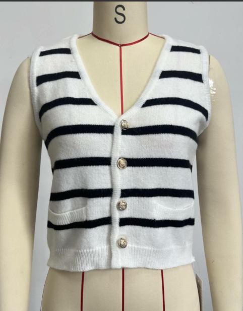 European and American Foreign Trade New Short Sweater Top Spring and Summer Knitted Striped Vest Cardigan Women's Clothing