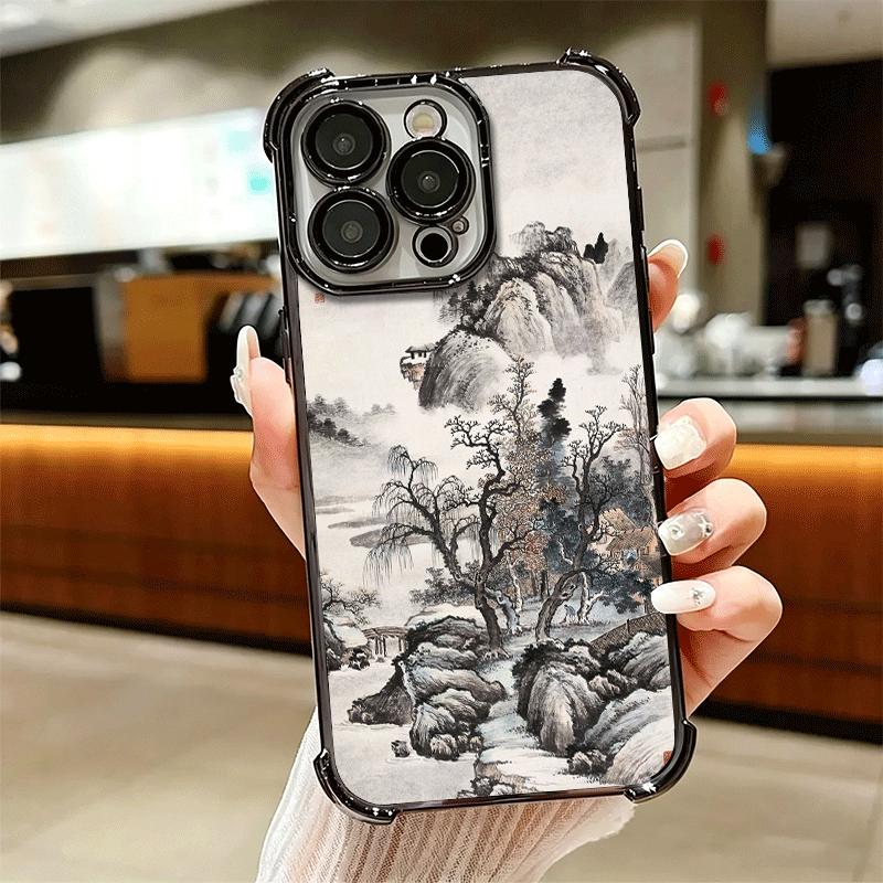 Chinese Style Ink Painting Art Soft Phone Case For iPhone 15 16 17 Air 14 Pro Max 16E Plus 13 12 Mini Plating Anti-Fall Fundas