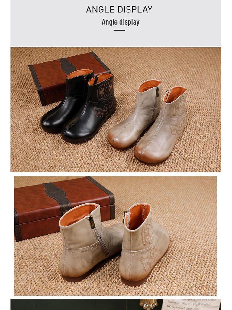 Women's Genuine Leather Ankle Boots - Retro Style, Soft Sole, Comfortable Flat Heel for Autumn/Winter 2025