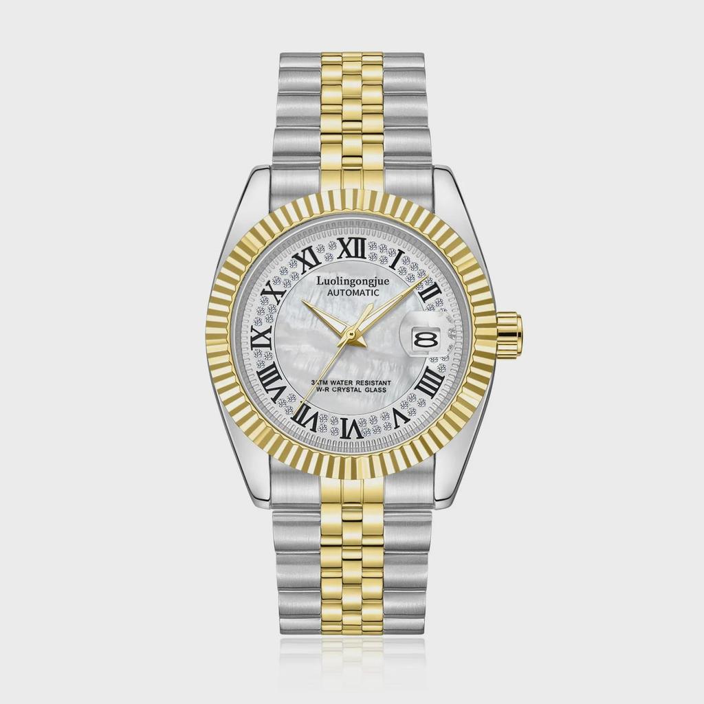 Herren Automatische Mechanische Uhr Weiß Perlmutt Zifferblatt Diamant Römische Ziffern Kalender Datum Edelstahl Armbanduhr